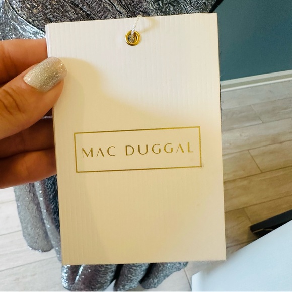 Mac Duggal Dress Silver 6 One Shoulder Bow Midi Gown Ruffle 67906 New - Picture 8 of 13